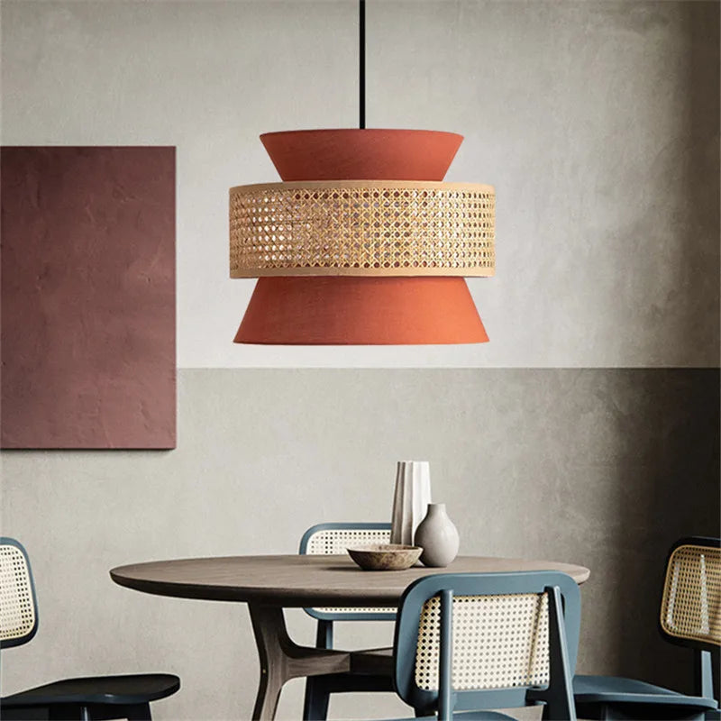 Suspension Moderne Double Abat Jour Terracotta Et Rotin