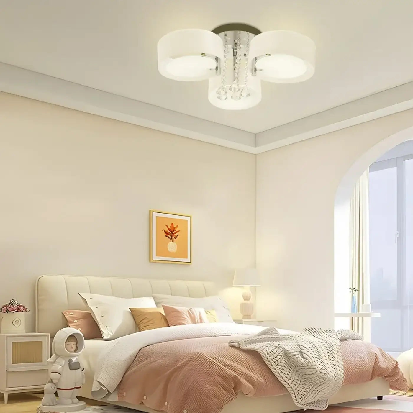 Lustre Plafonnier Cristal Blanc Moderne - D33 X H35 Cm - Douille E27 - Abat-jour Tissu & Finition Chrome