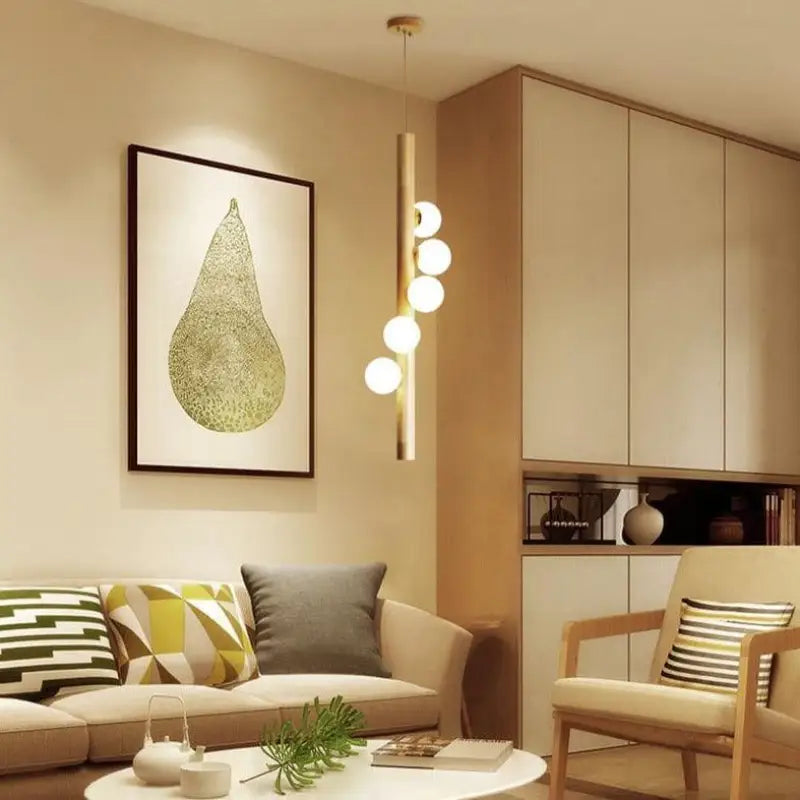 Suspension Bois Flotté Boules Lumineuses Tube Vertical