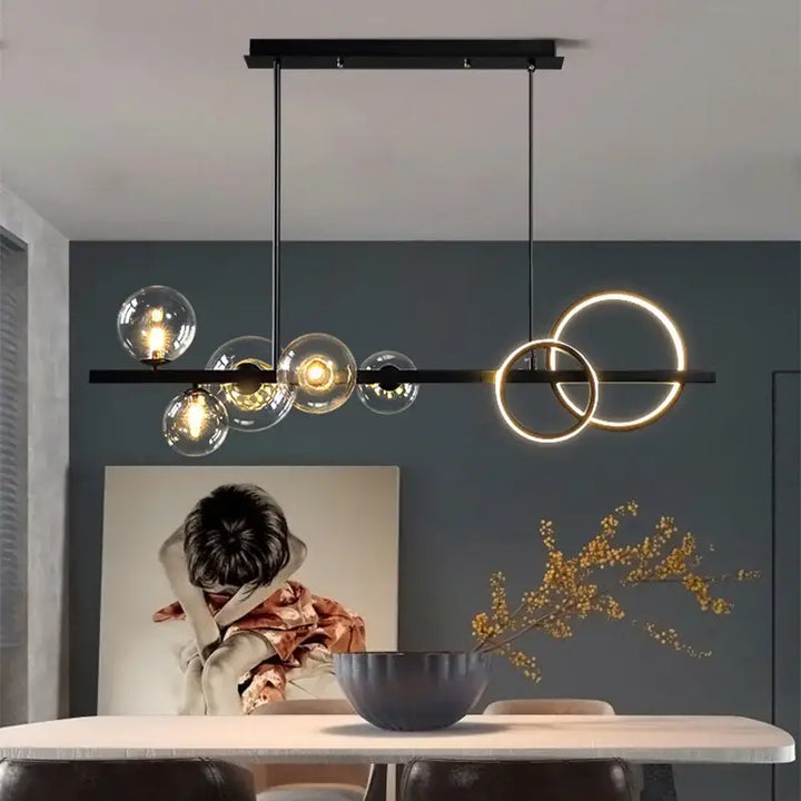 Suspension luminaire avec boules transparentes et 2 cercles en LED