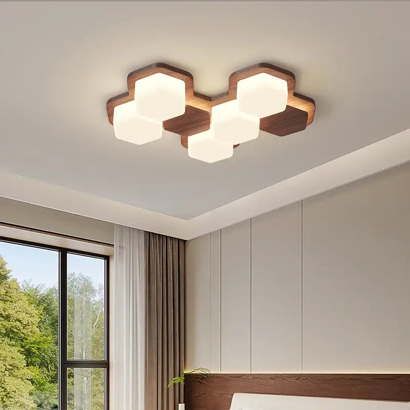 Plafonnier led design géométrique en bois moderne