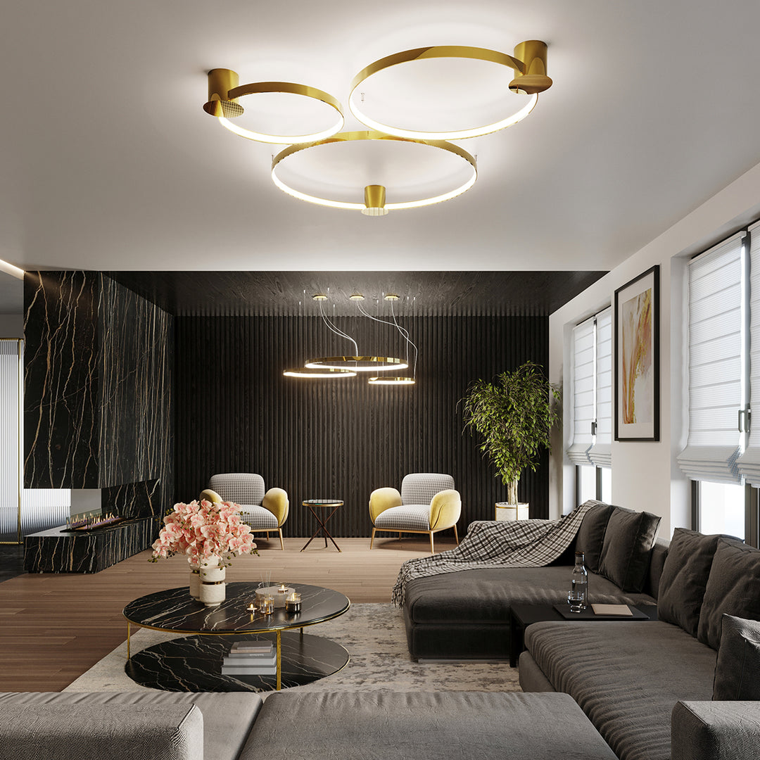 Lustre anneau RIO or poli dans un intérieur contemporain