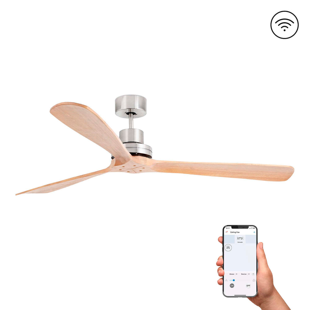 Ventilateur de plafond Lantau XL nickel mat, pales pin, sans lumière, Tuya, de Faro Barcelona