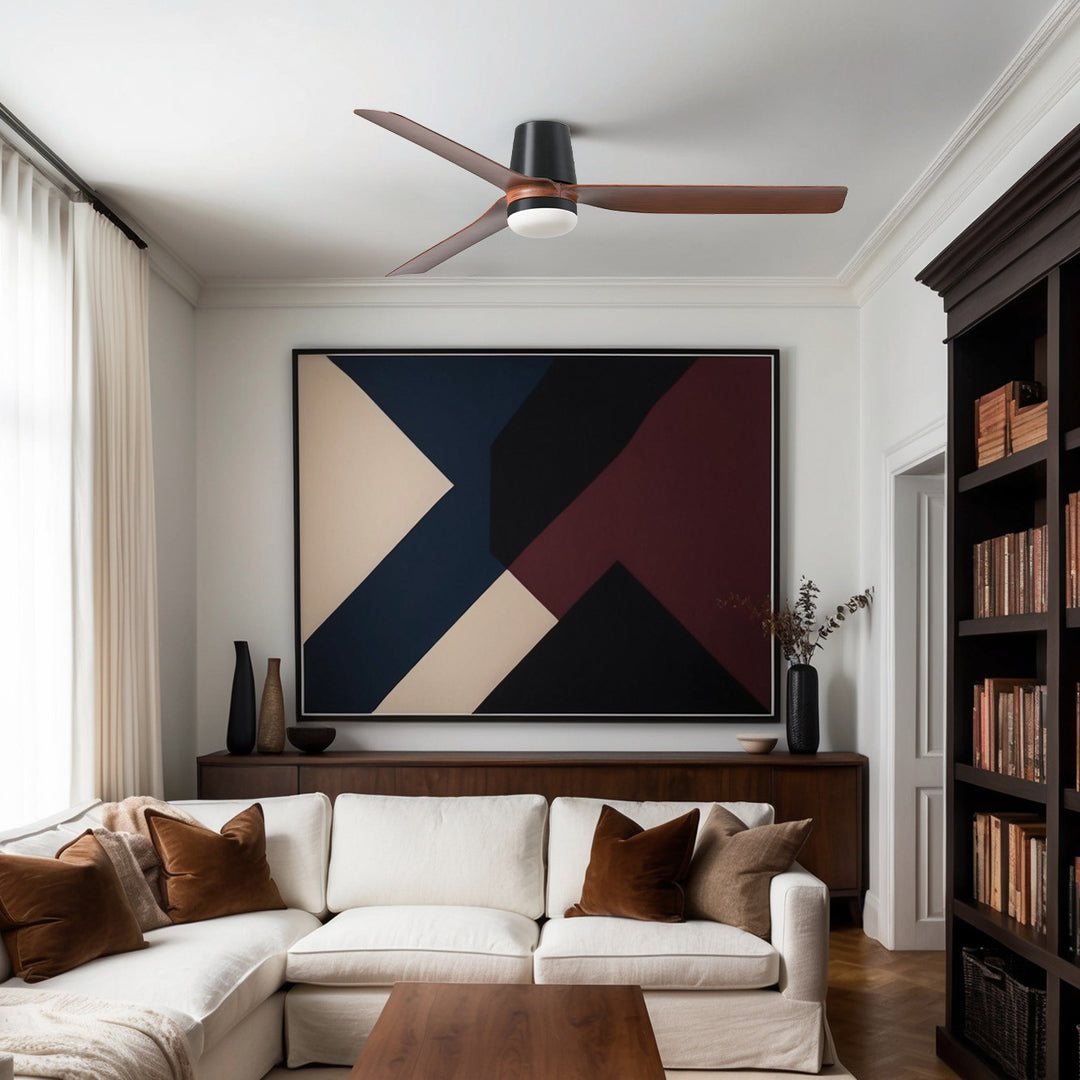 Ventilateur de plafond Punt Tub noir et noyer avec lumière dans un intérieur