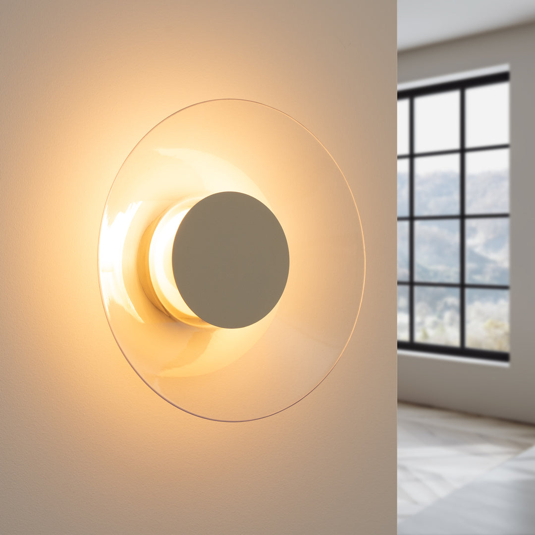 Applique murale ASTRO beige allumée, halo derrière le disque