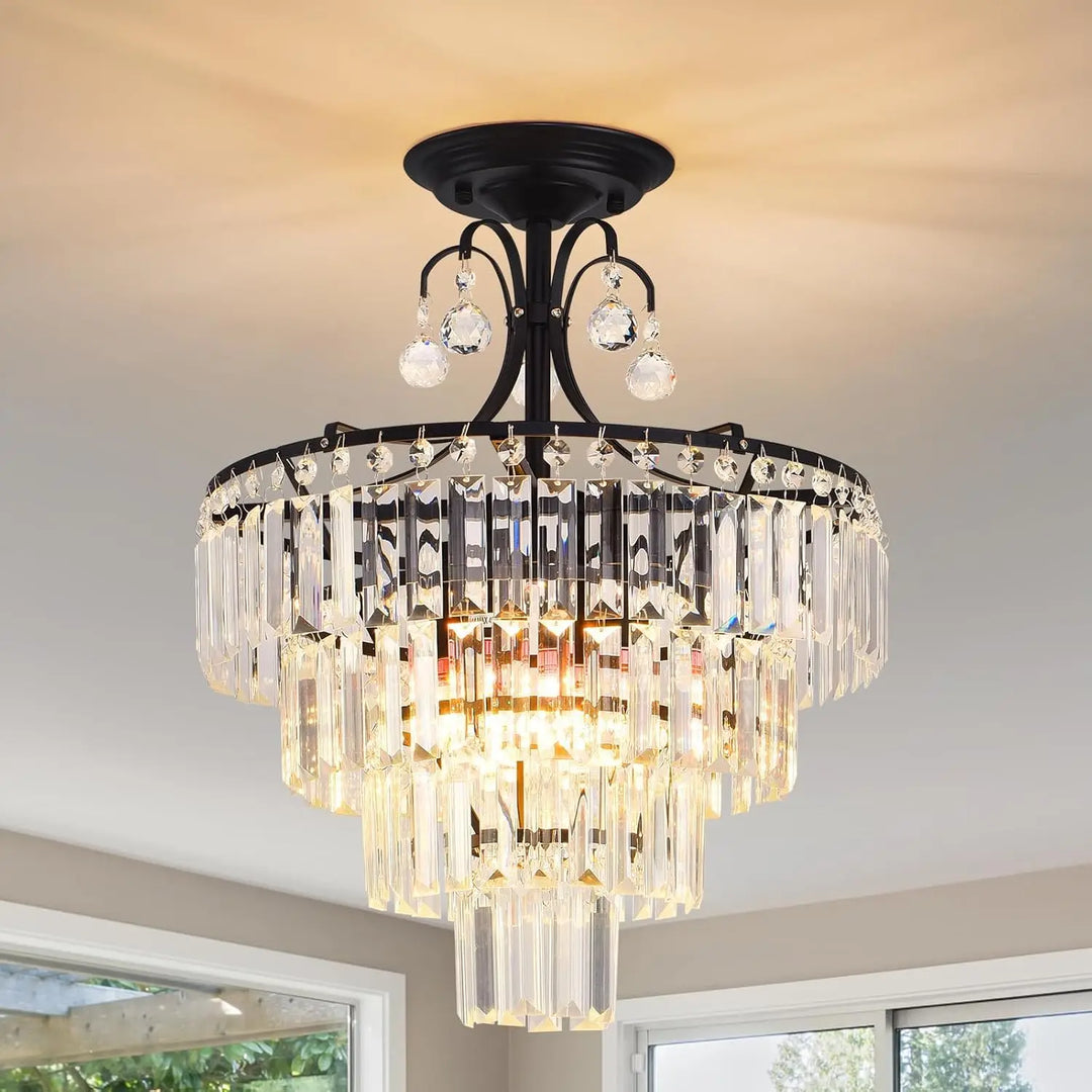 Plafonnier Cristal Noir Multi Étages Luminaire Élégant Chic

