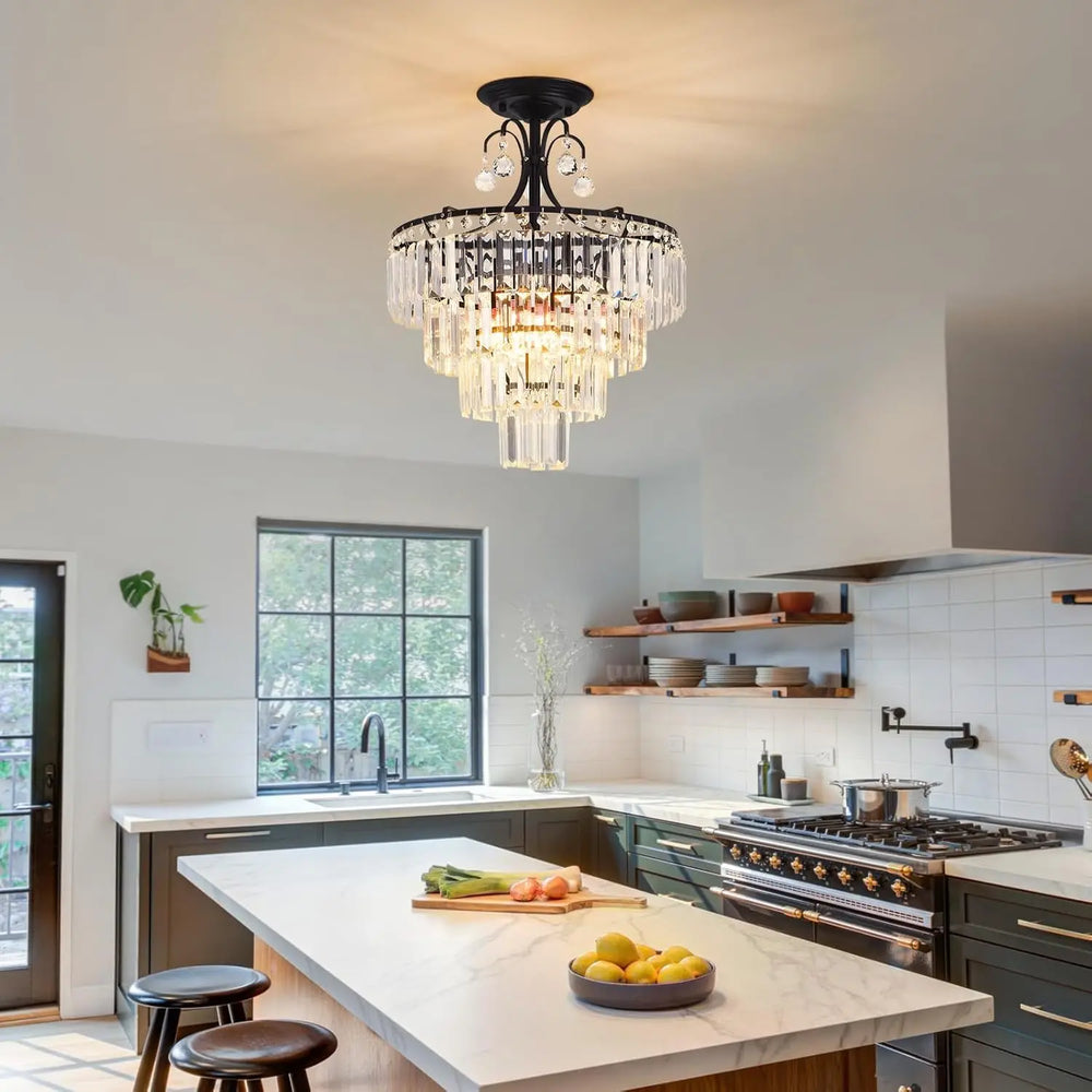 Plafonnier Cristal Noir Multi Étages Luminaire Élégant Chic

