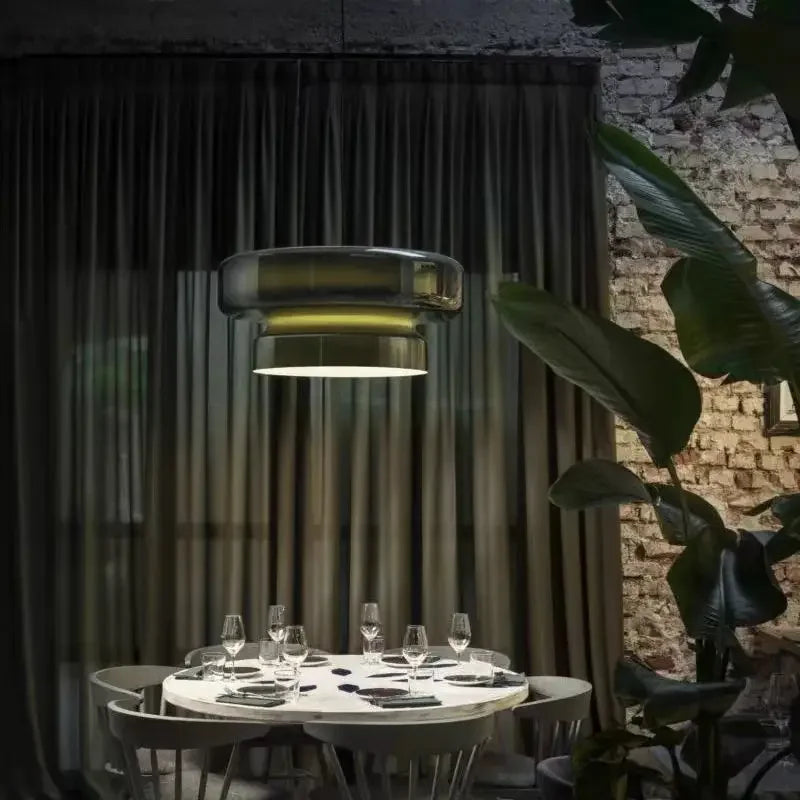 Suspension vintage double anneau en verre pour salle à manger

