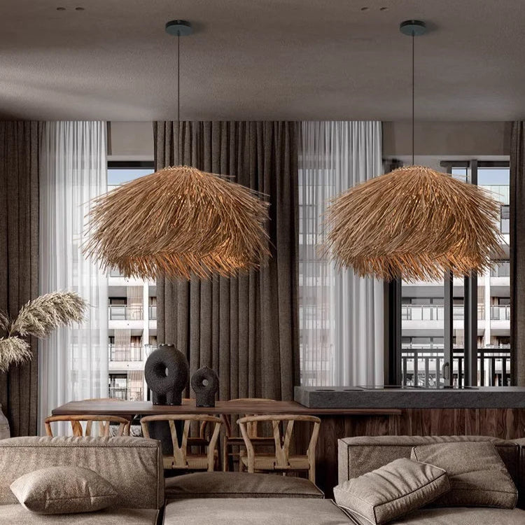 Suspension luminaire rotin naturel design moderne

