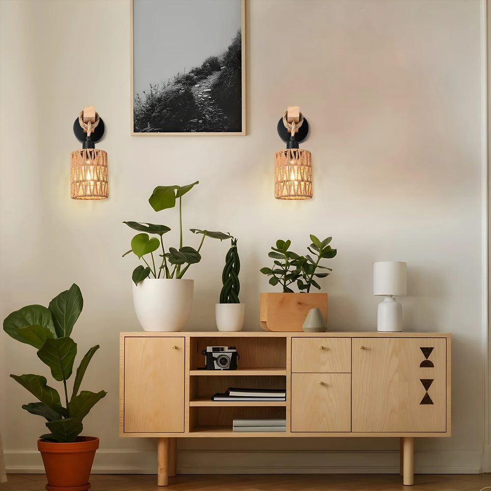 Applique Murale En Corde Tressée Style Bohème Noir Et Beige

