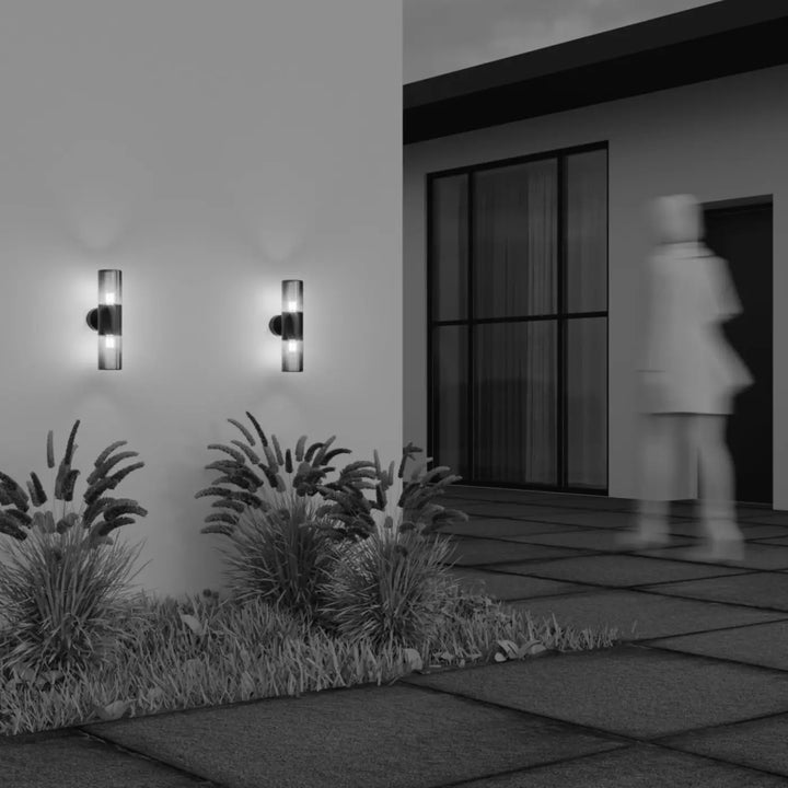 Applique extérieure moderne en aluminium graphite avec verre teinté et abat-jour cylindrique en verre