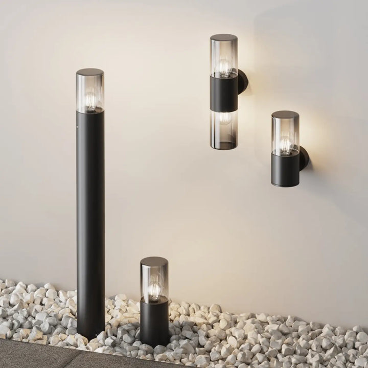 Luminaire extérieur applique noire cylindrique en aluminium graphite avec verre teinté pour usage extérieur