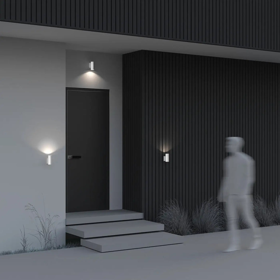 Applique extérieure bowery en aluminium thermolaqué avec ampoules gu10 design cylindrique et lumière chaude