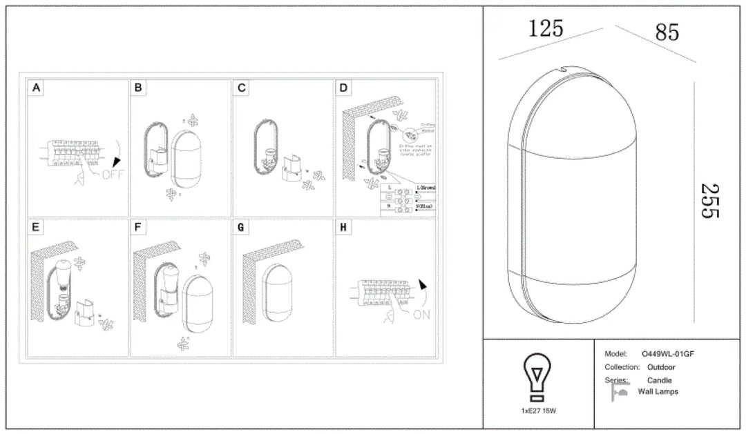 Applique extérieure candle rectangulaire en aluminium graphite avec diffuseur transparent et design ovale sleek 125x85x255mm