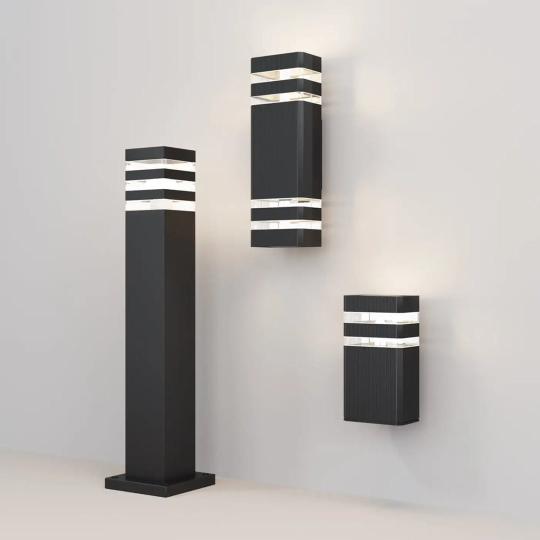 Applique extérieure en acier noir lindén double lumière avec bandes led horizontales modernes et élégantes