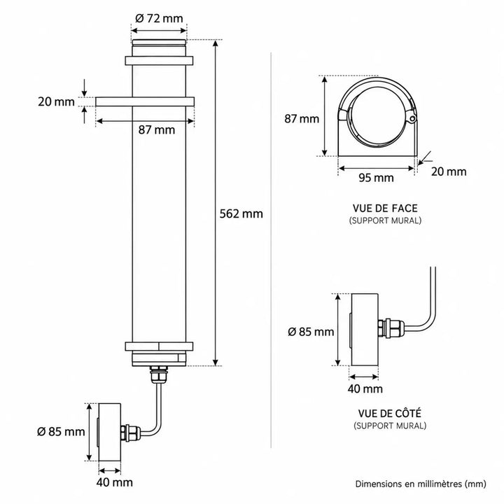 Applique lukas luminaire extérieur cylindrique en métal avec finition métallique et dimensions précises pour mur