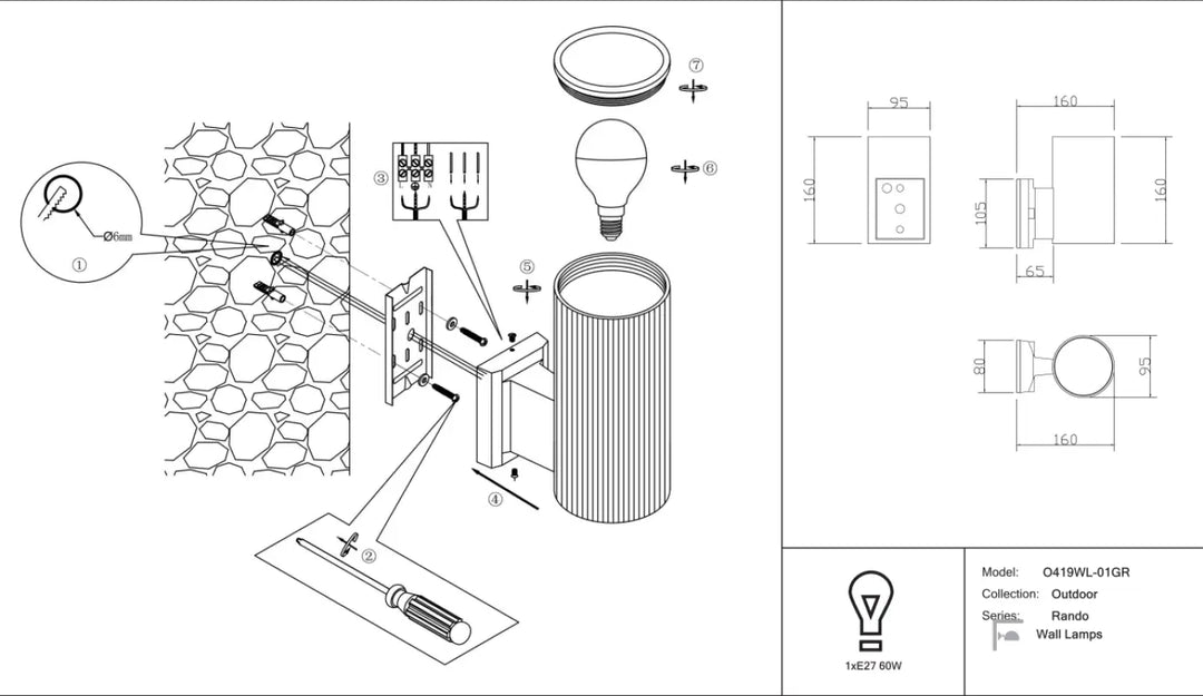 Applique extérieure rando avec corps cylindrique étanche à texture nervurée et diffuseur en verre dépoli