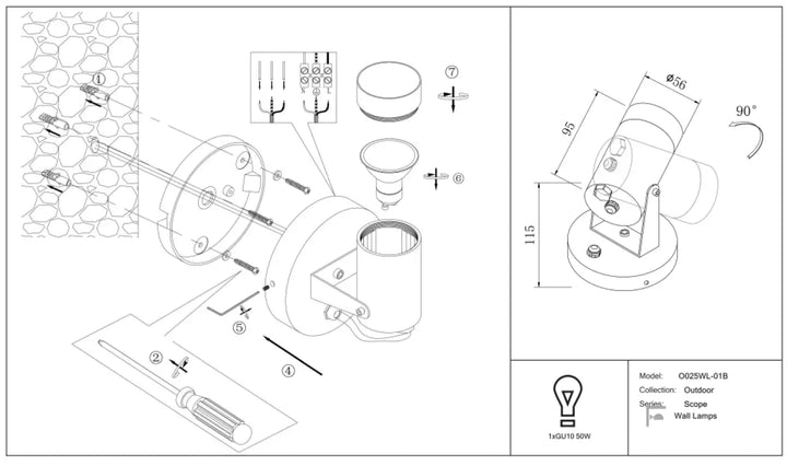 Applique extérieure acier noir scope projecteur orientable modèle oq25wl-01b avec corps cylindrique et tête ajustable rotative