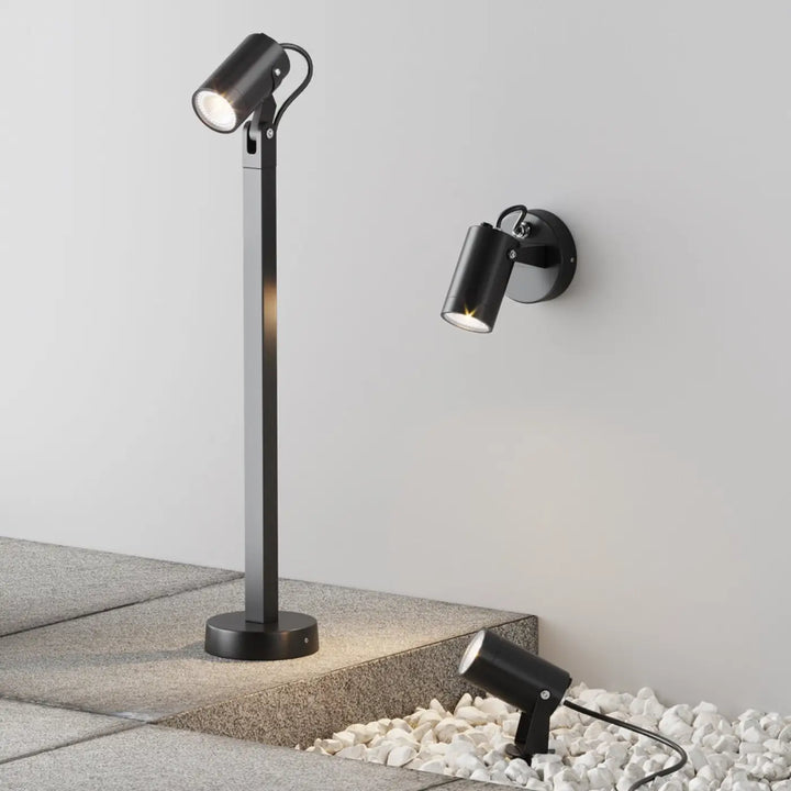 Applique extérieure scope projecteur orientable en acier noir avec fixation au sol, murale et sur pied réglable