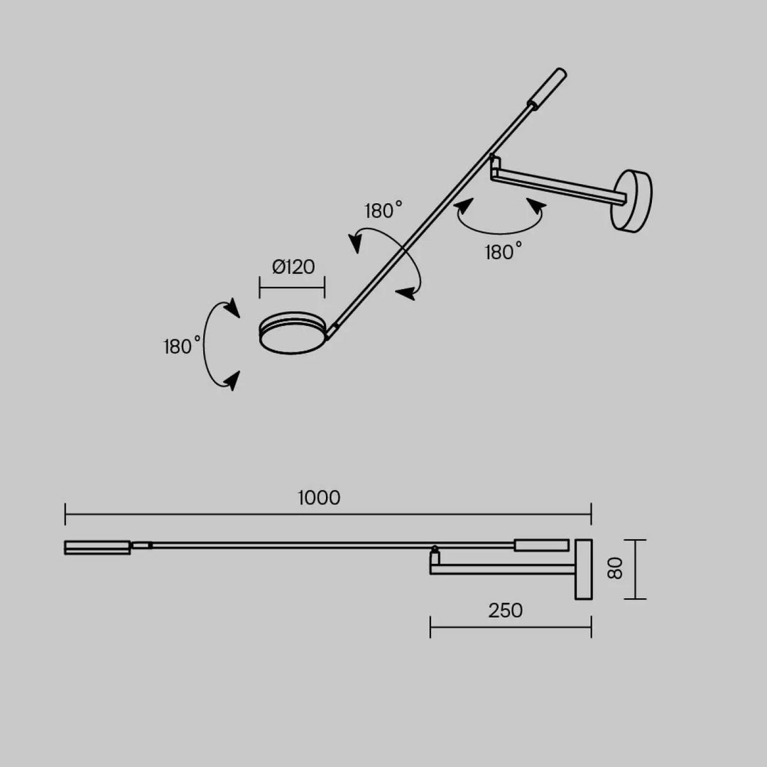 Applique murale long bras en métal noir avec tête ronde ø120mm et rotation 180 degrés pour éclairage directionnel précis