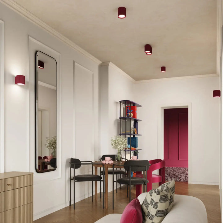 Applique murale bordeaux en forme unique inspirée avec design moderne et cylindrique encastré au plafond