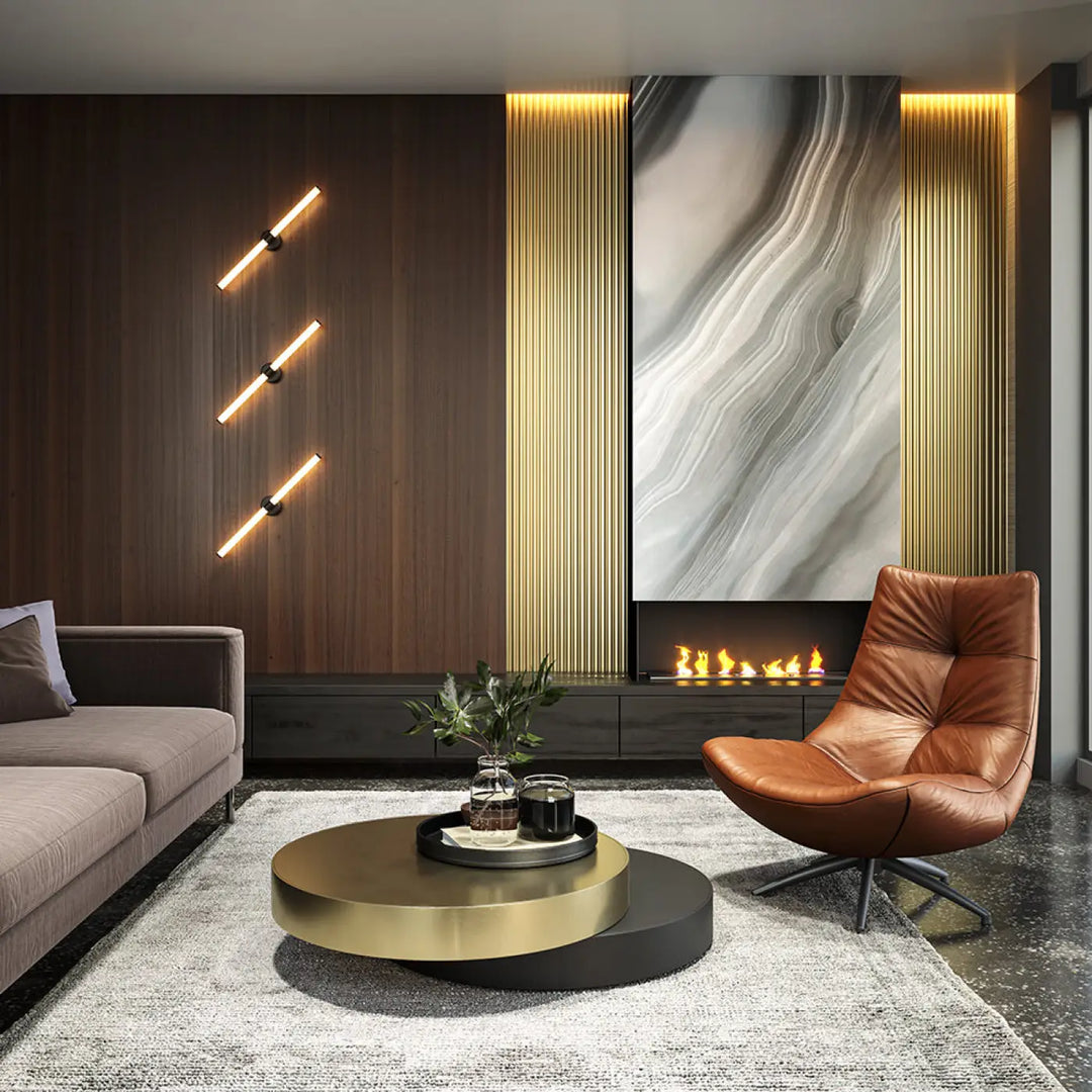 Brown leather armchair with tufted design and black metal legs shown alongside applique murale acrylique blanc mat axis tubes
