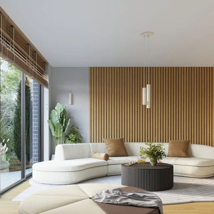 Applique murale karbon 10 beige avec design minimaliste et sofa sectionnel blanc incurvé avec coussins marron