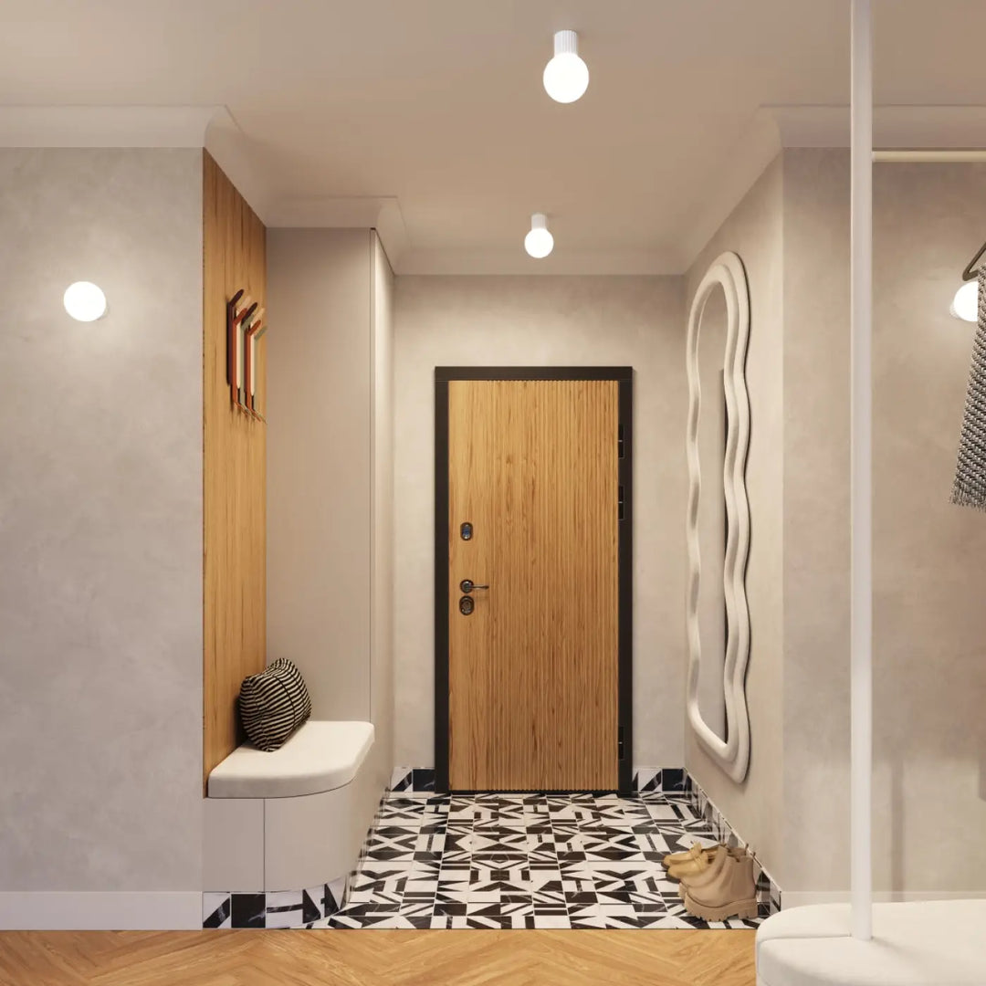 Porte en bois à cadre noir avec motif à grain vertical pour applique murale halo blanc avec lampe halo sphère laiteuse bureau décorative