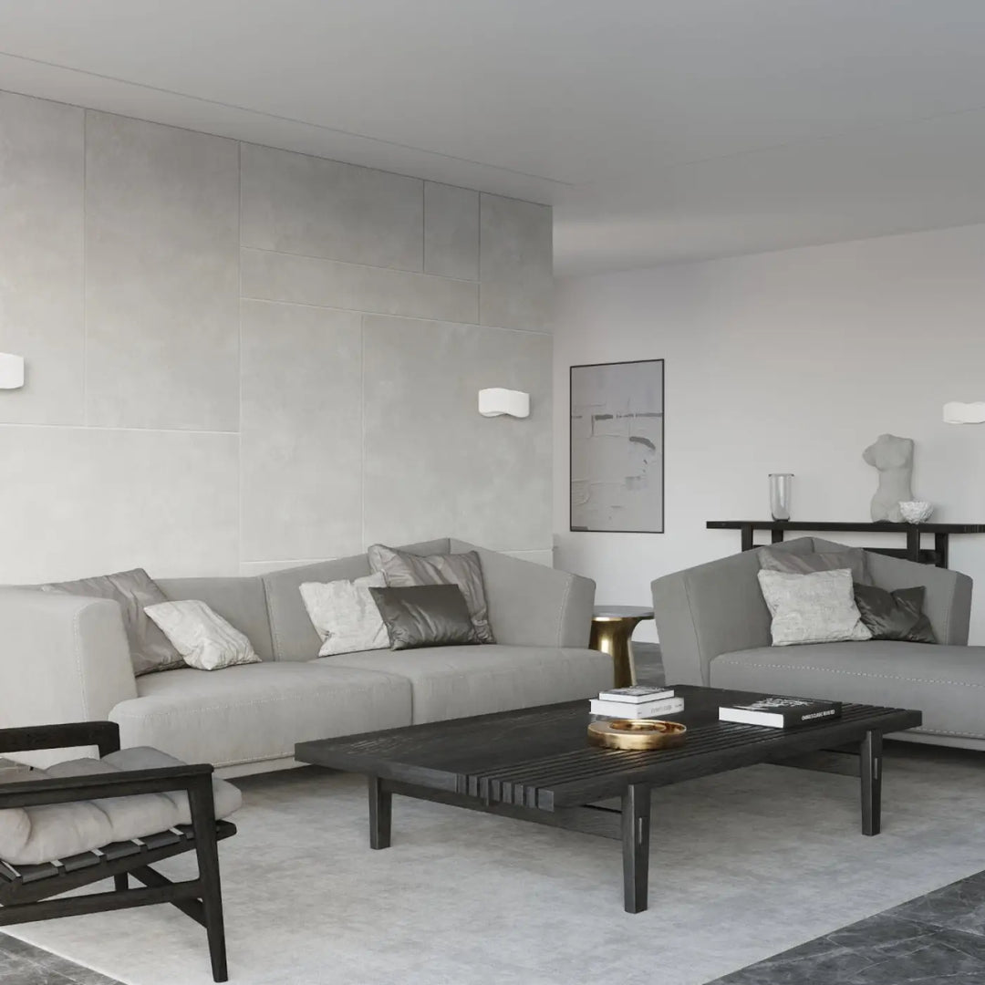 Applique murale tila 30 blanc dans un salon minimaliste avec luminaire tila au design original et intemporel
