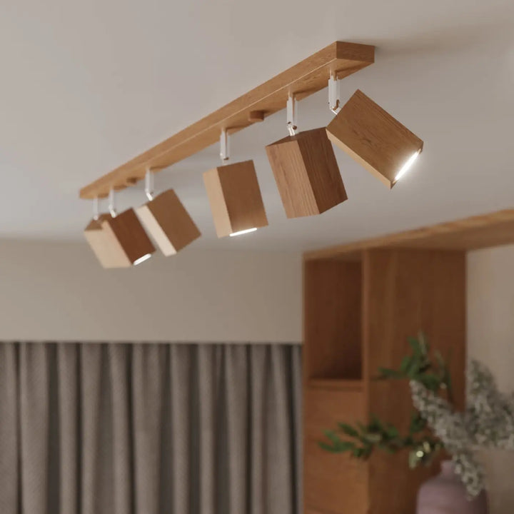 Applique keke style loft en bois naturel avec cinq abat-jours rectangulaires sur barre assortie sentez-vous mieux