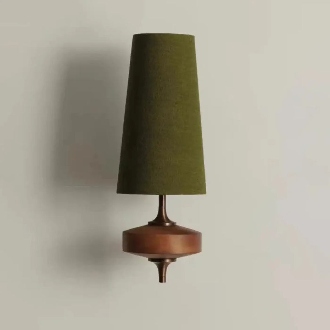 Applique murale en bois et métal avec abat-jour en tissu
