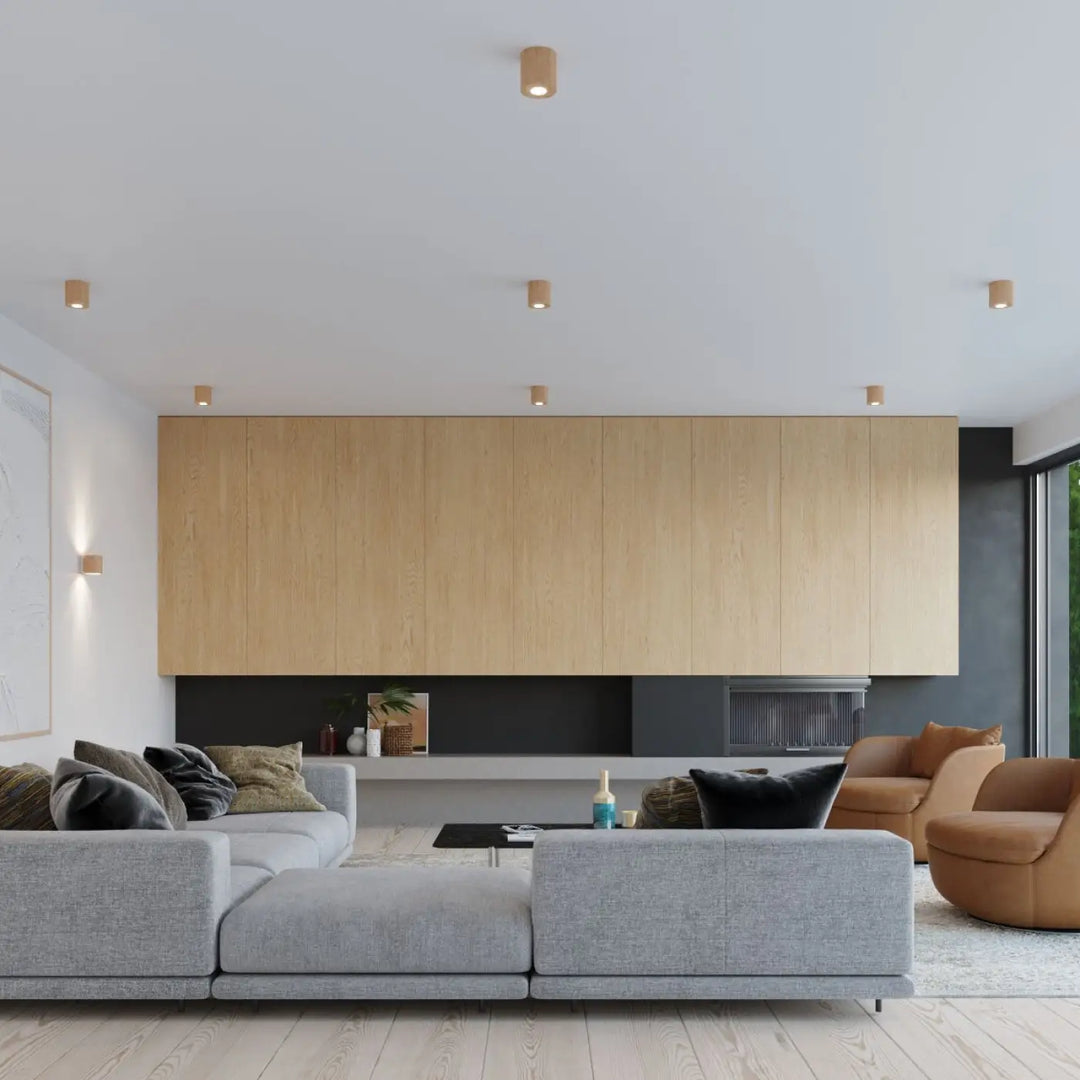 Applique murale orbis en bois naturel avec panneau bois clair, cheminée intégrée et finition noire pour une ambiance chaleureuse