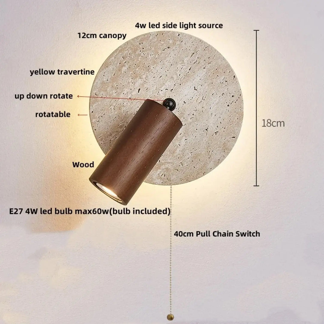 Applique murale bois naturel et pierre travertin led beige