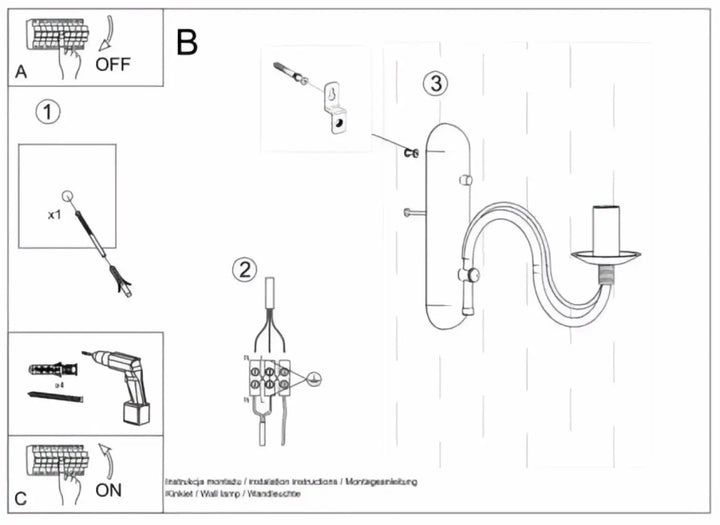 Diagramme dinstallation de lapplique murale minerwa avec ampoule flamme e14 pour le charme dun bougeoir classique