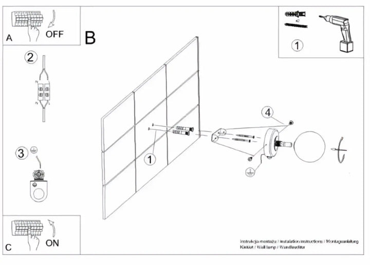 Schéma d’installation pour applique murale yoli avec verre opale et socle coloré montrant composants et outils