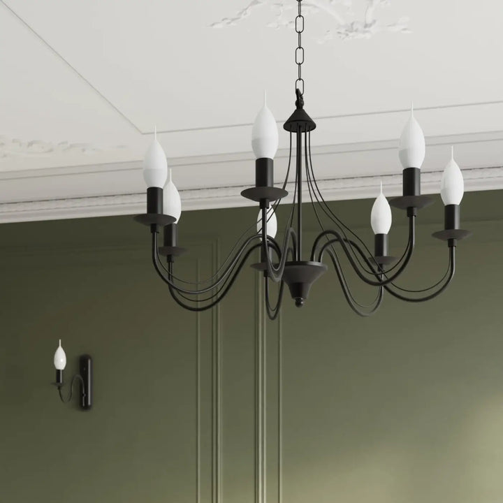 Applique bougeoir noir en fer forgé avec cinq ampoules bougies blanches style glamour pour décoration intérieure