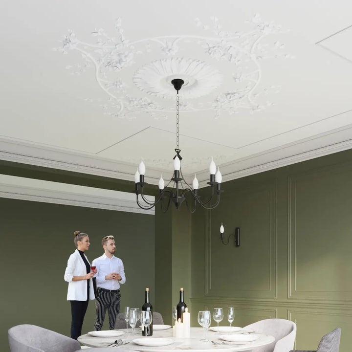 Applique bougeoir noir en fer forgé avec ampoules style bougie suspendue à une rosace décorative pour décoration intérieure style glamour