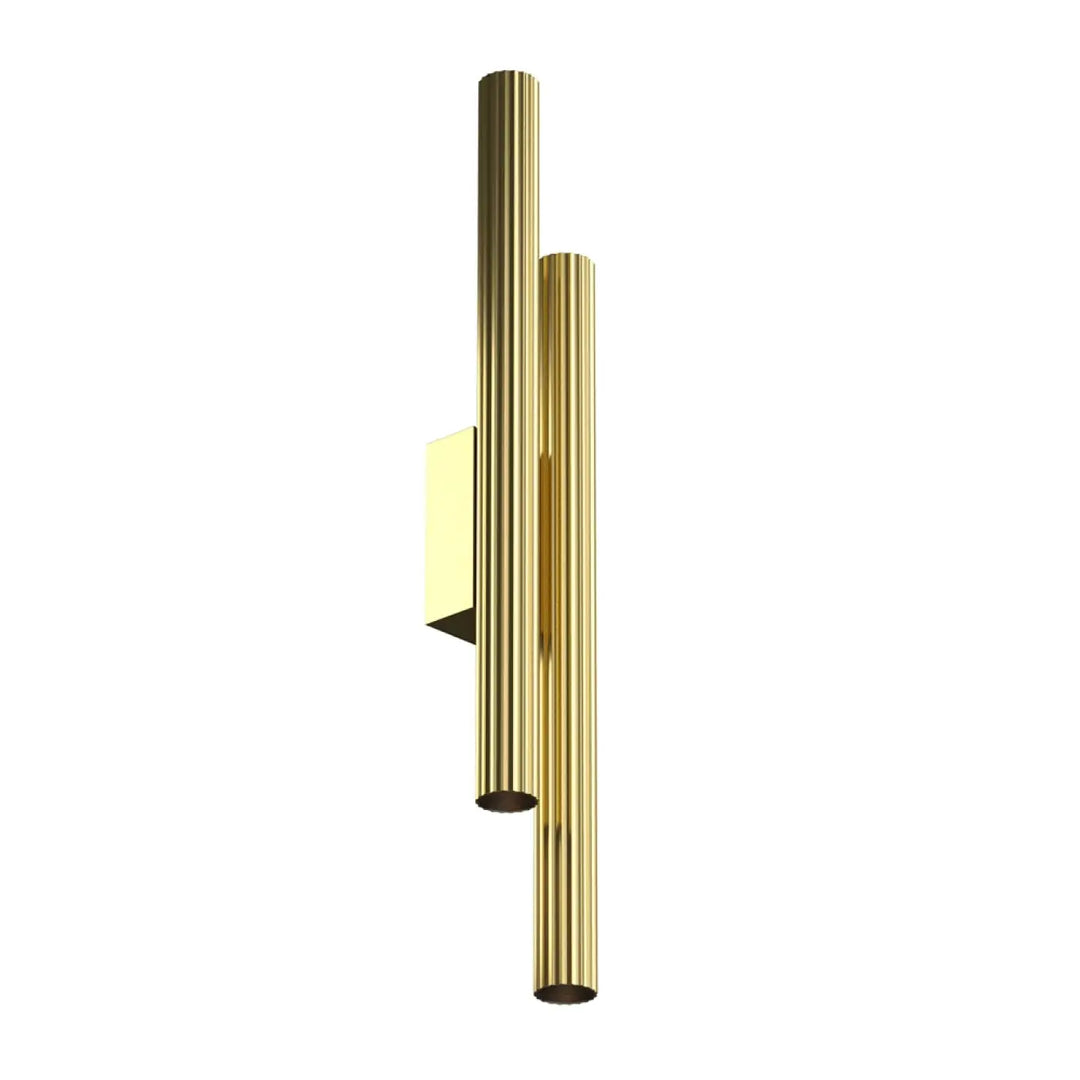 Applique murale calipso led linéaire en métal doré avec deux tubes cylindriques verticaux cannelés et plaque rectangulaire