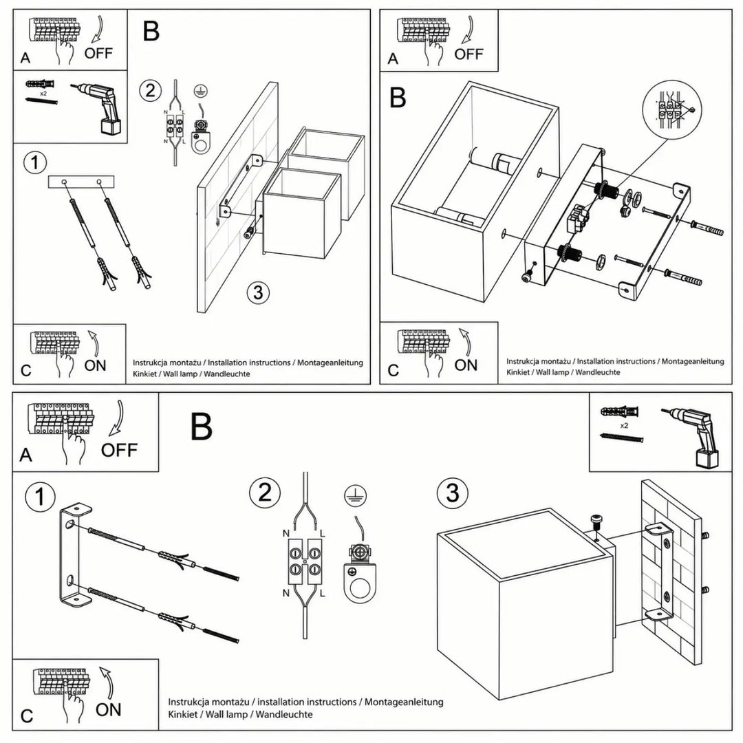 Diagramme d installation applique murale quad maxi en ligne noir et blanc avec double cube vert olive