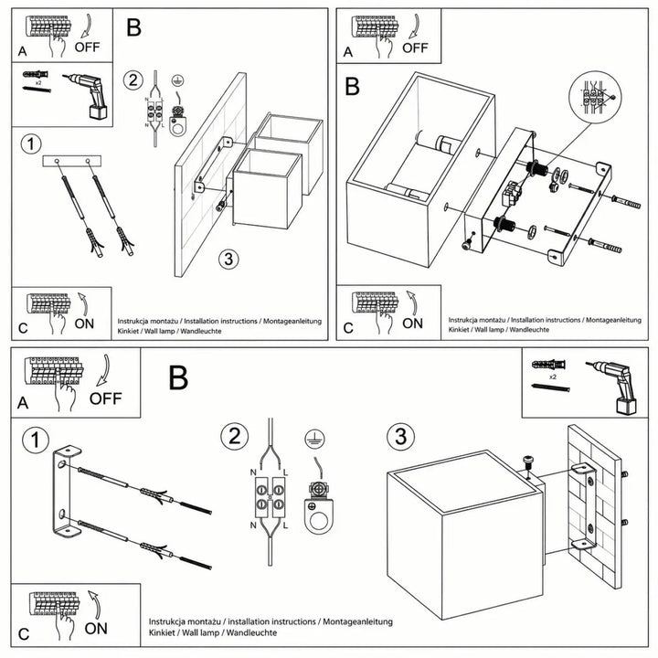 Diagramme d installation applique murale quad maxi en ligne noir et blanc avec double cube vert olive