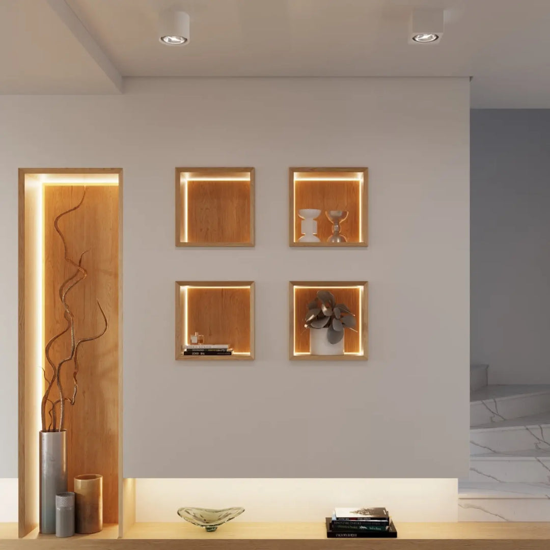Applique murale céramique kalu avec étagères murales carrées en bois et éclairage led chaud pour une atmosphère unique