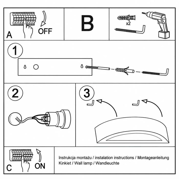 Diagramme dinstallation de lapplique murale atena montrant fixations et connexions pour ampoule e27 cage descalier