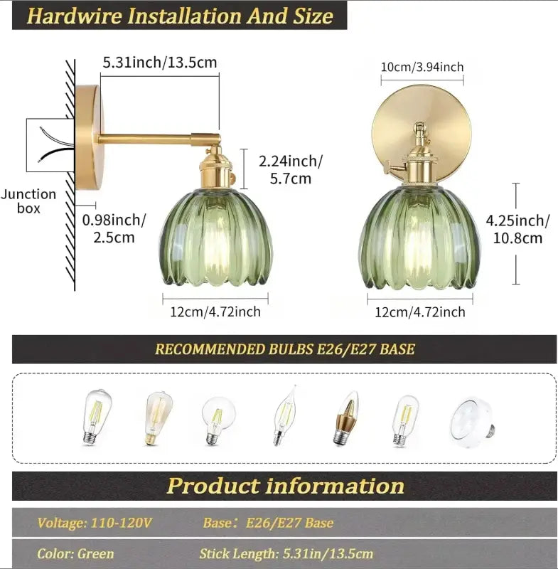 Applique Murale Dorée Avec Abat Jour En Verre Vert Vintage
