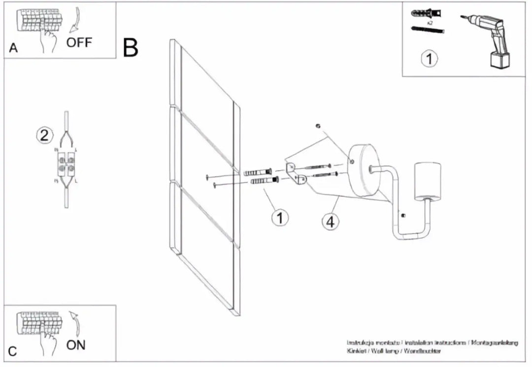 Diagramme dinstallation pour applique murale timbo avec bras dacier coudé et support pour ampoule e27