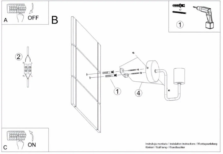 Diagramme dinstallation pour applique murale timbo avec bras dacier coudé et support pour ampoule e27