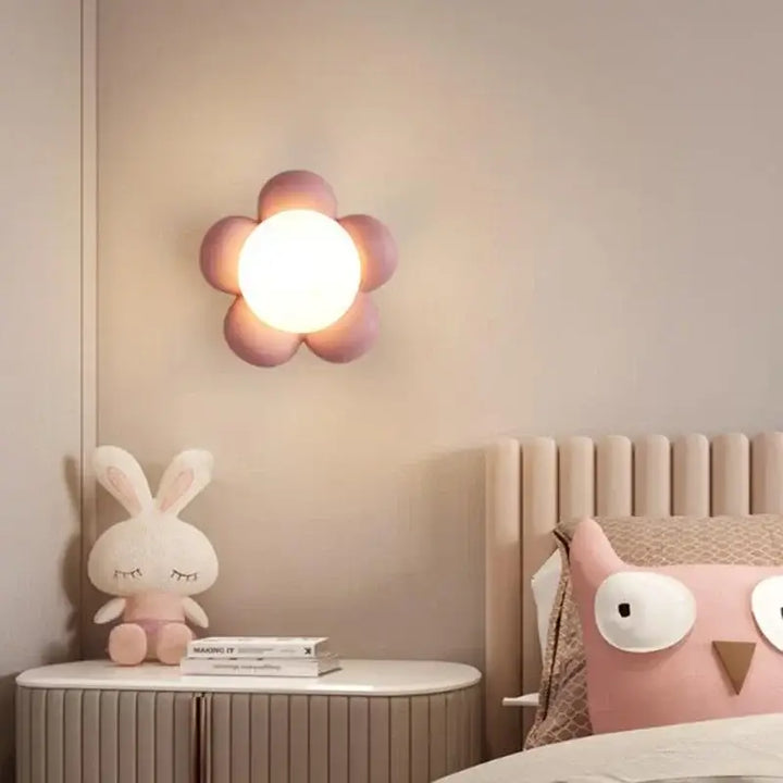 Applique Murale Enfant Fleur Rose Avec Globe Lumineux Central