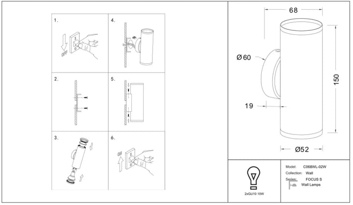 Applique murale focus s cylindrique noire matte de 150 mm avec support intégré pour installation murale sécurisée