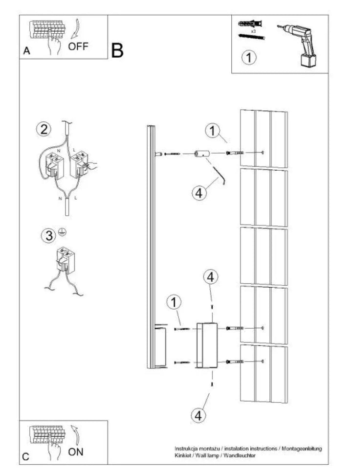 Diagramme de montage applique murale led lagom blanc chaud avec composants étiquetés pour installation murale