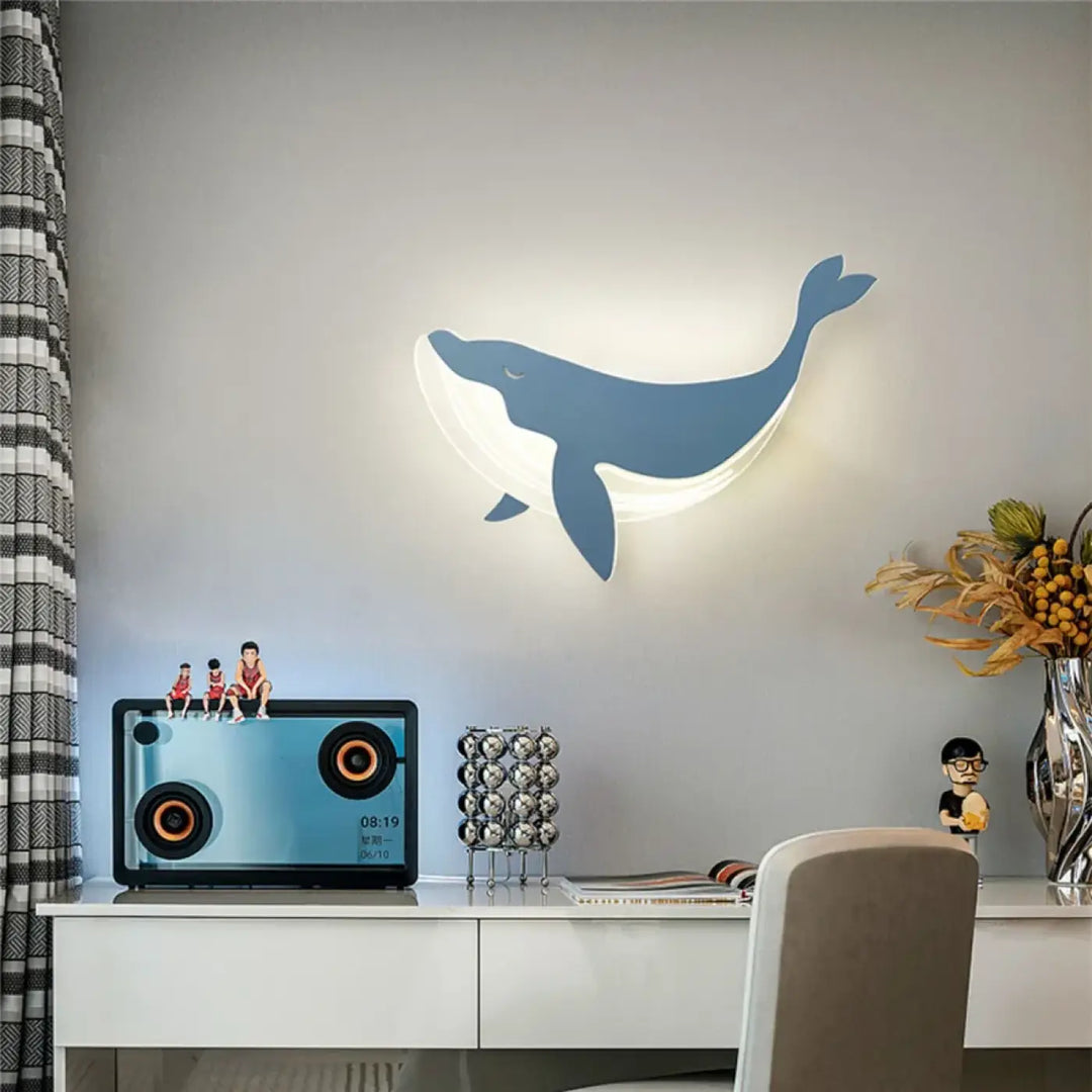 Applique murale moby en forme de baleine bleue avec lumière tamisée intérieure blanche murale led ludique