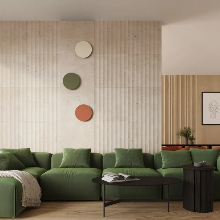 Applique murale crée borger 3000k rouge ocre avec canapé sectionnel vert et plaid texturé pour un décor moderne